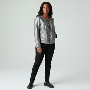 Lane Bryant Zip-Up Jacket Size 16 Ruffle Collarless Linen  Blend Metallic Silver